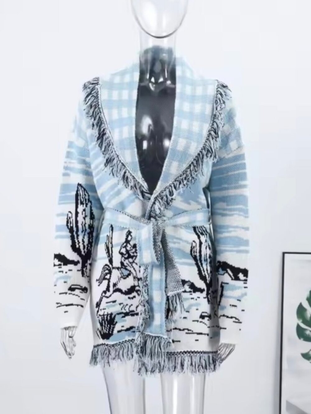 Vintage Jacquard Print Knit Fringe Cardigan Women Lapel Lace Up Loose Long Sleev - Picture 11 of 11